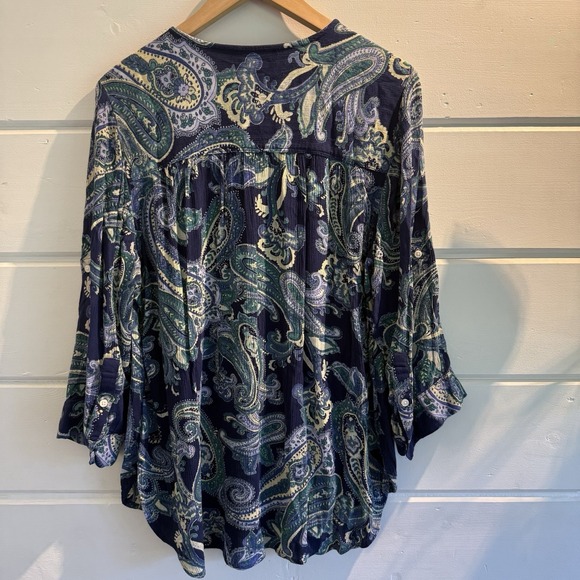 Nine West XL Top Navy/Yellow Paisley Round Neck 3/4 Sleeve Partial Button Front - Picture 7 of 16